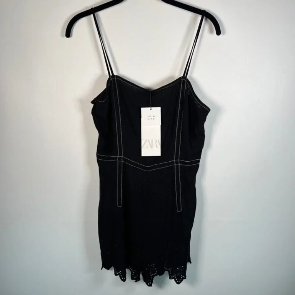 NWT ZARA Short Jumpsuit Topstitching Eyelet‎ Embroidery Hem Straps 7200/113 XS